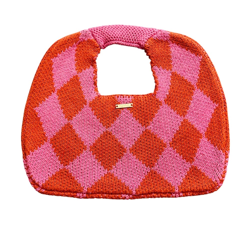 Boho Kopari Pink Orange Checkered Knit Tote Bag Retro Resort Purse
